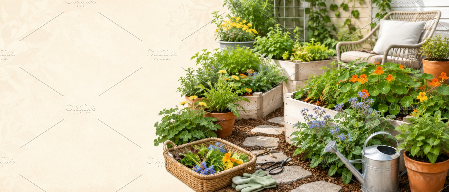 Foraging garden home with vibrant fl, a Photo by Dvoevnore photos