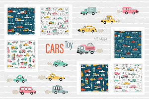 Toy Cars Seamless Patterns, Cliparts