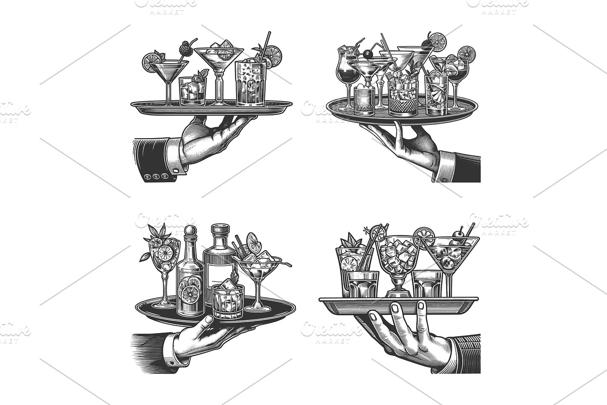 trays assorted cocktails liquor, a Food Illustration by AlexArt