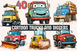Cartoon Trucks and Diggers, a Transportation Illustration by PrintHaven Designs