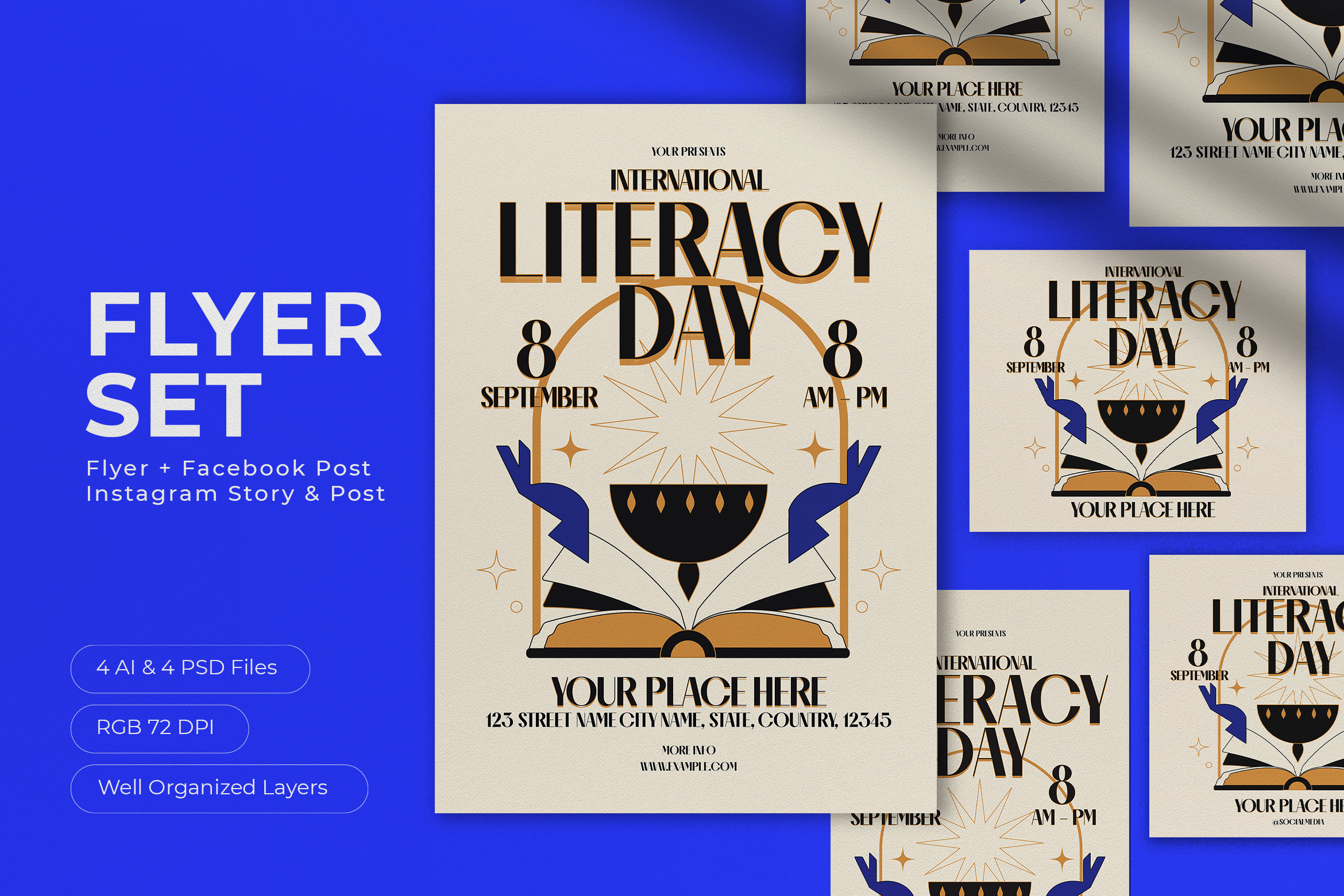 Cream Art Deco Literacy Flyer Set, a Flyer Template by graphicook