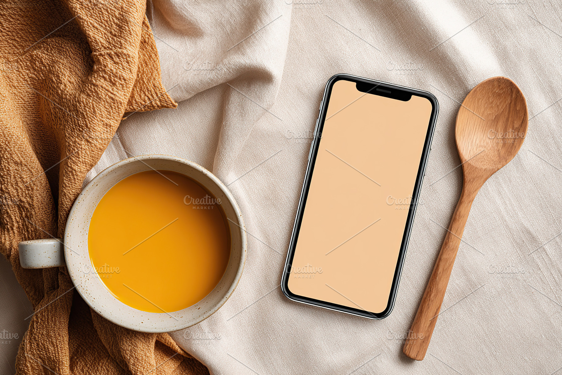 Seasonal kitchen mockup featuring warm drink and modern smartphone on fabric su, a Food & Drink Photo by AlyaAnd