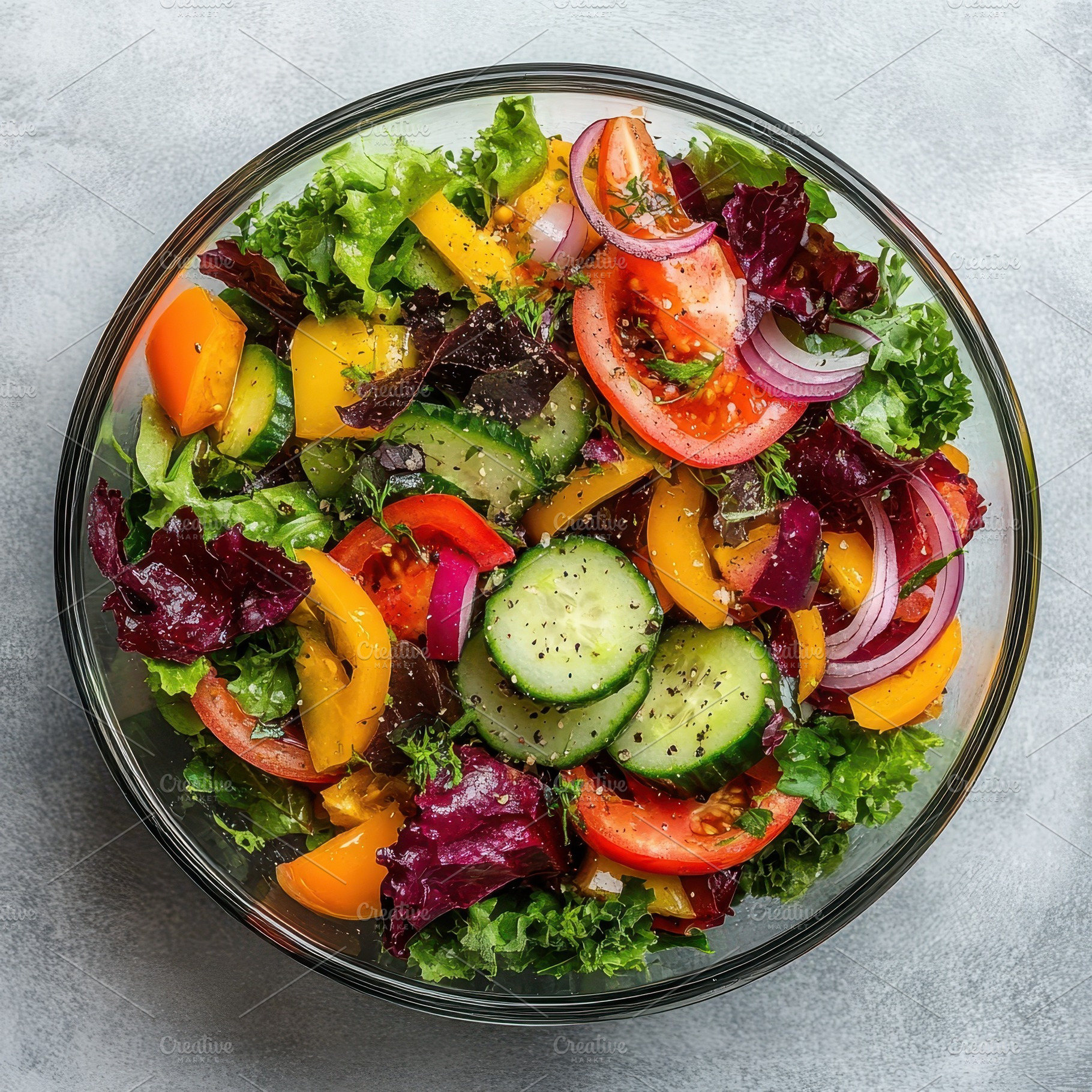 Fresh vegetable salad in glass bowl, a Food & Drink Photo by Pixeness Studio
