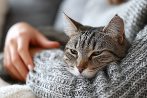 Relaxed tabby cat resting in a cozy, an Animal Photo by MistyDay