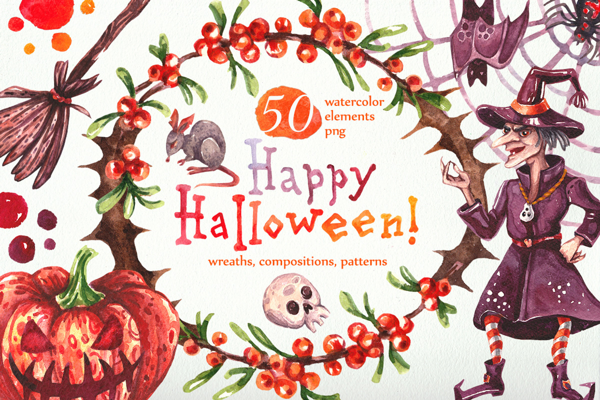 Watercolor set Happy Halloween, an Illustration by AnnieDove (Photo 1 of 8)