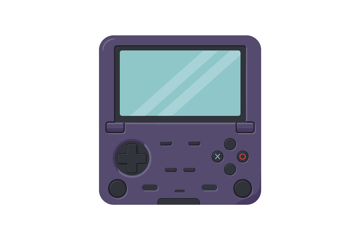 Retro handheld gaming console in fla, an Illustration by designvectx