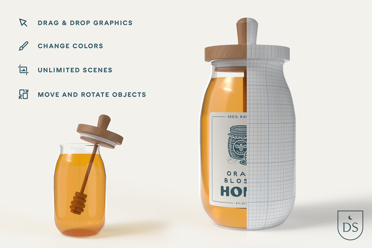3D Honey Jar Mockup, a Packaging Mockup by Silver Moon Design School (Photo 2 of 3)