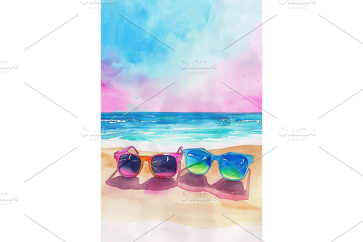 Colorful Sunglasses Beach Scene Art, a Decorative Illustration by Art Paradise Studios
