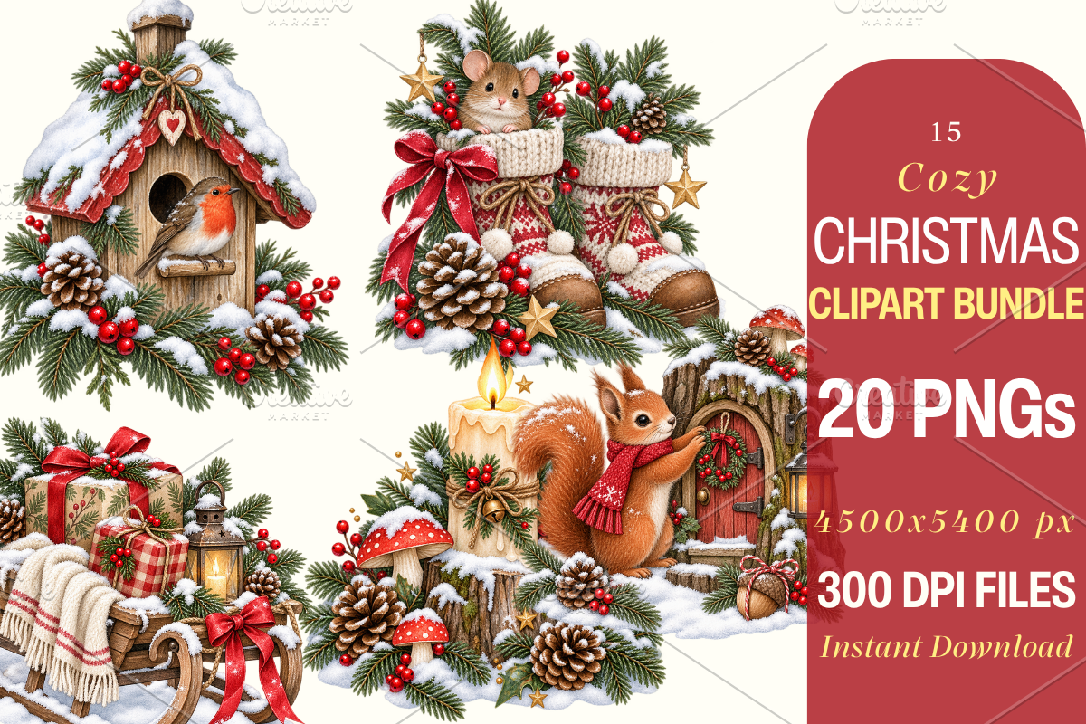 Cozy Christmas Clipart Bundle PNG, a Seasonal Illustration by Ink Gallery (Photo 2 of 8)