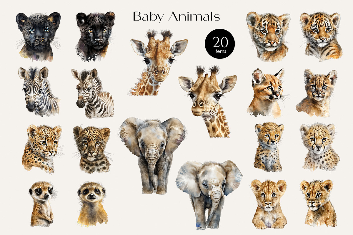 Watercolor Safari Baby Animals, an Animal Illustration by Elena Dorosh (Photo 2 of 7)