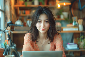 Young Asian woman with wavy hair working on a laptop in a cozy,, a Person Photo by ImageMir