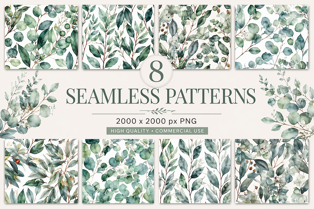 8 Eucalyptus Seamless Pattern PNG Se, an Illustration by Jalina Clipart Studio (Photo 1 of 6)