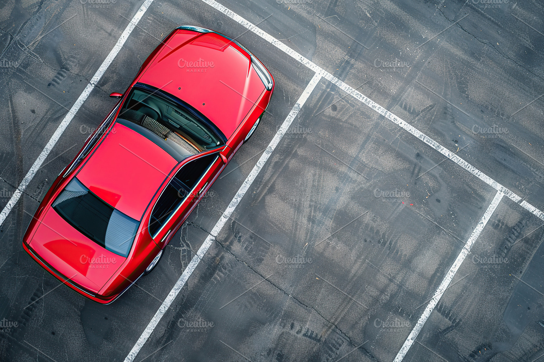 Aerial view of red car parked in the parking lot, a Transportation Photo by AlyaAnd