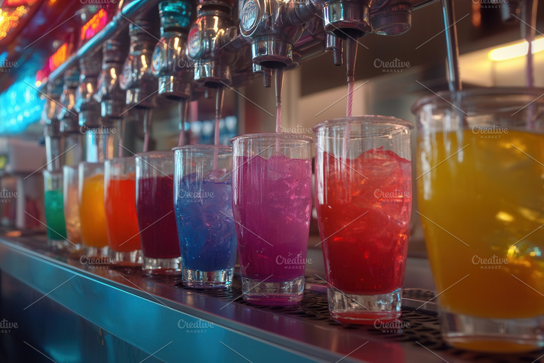 A soda fountain pouring vibrant, a Photo by Pavel_design