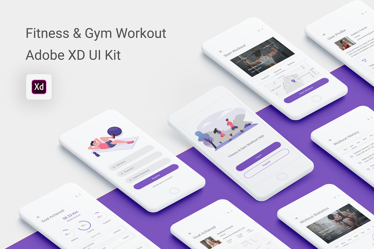 Fitness & Gym Workout Adobe XD App, an UI Kit Template by themelove (Photo 1 of 9)