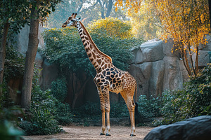 Majestic giraffe standing tall amids, an Animal Photo by Pixeness Studio