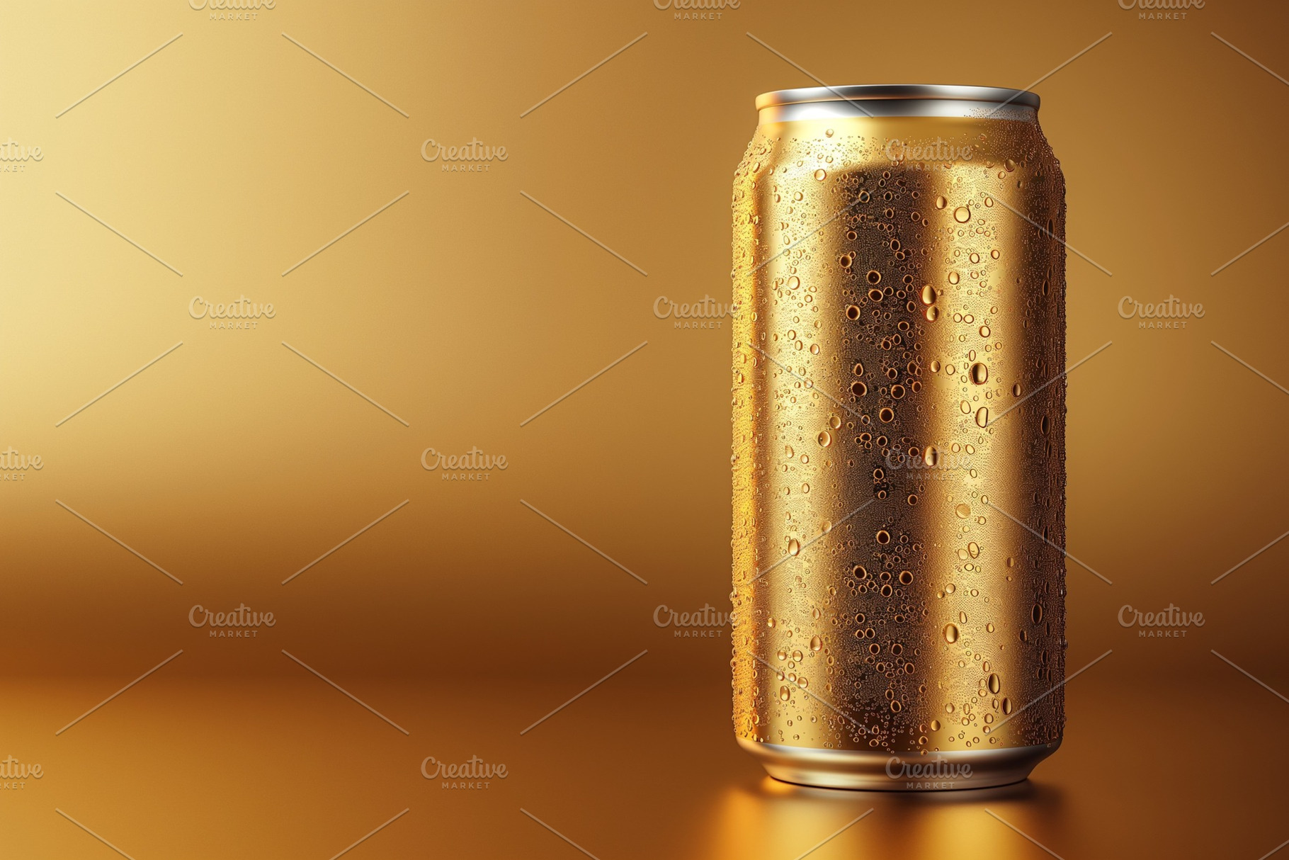 A sleek gold can covered in droplets, standing against a shimmering golden back, a Background Photo by ImageMir