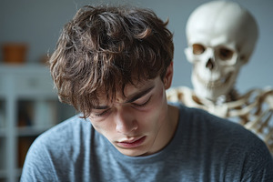 Young man sitting with a skeleton in, a Photo by Tanuart