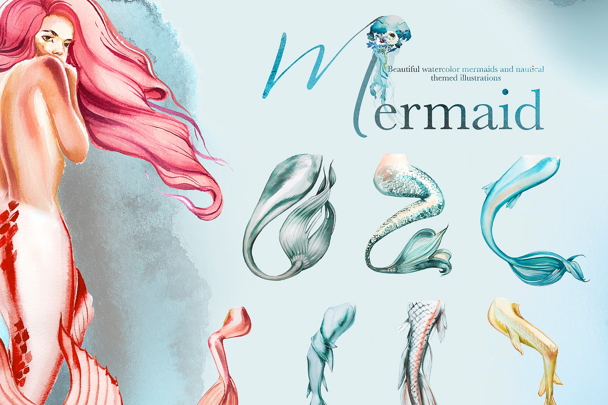 Hand-Painted Mermaid Clipart Set, a Person Illustration by ArtCreationsDesign (Photo 19 of 24)