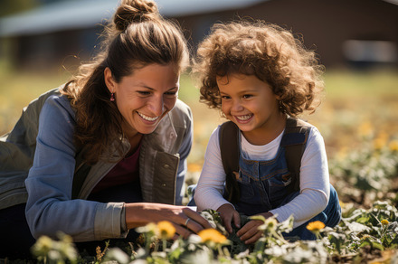 Mother and Daughter Enjoying a Sunny Day Outdoors Among Sunflowers, a Photo by AS photostudio