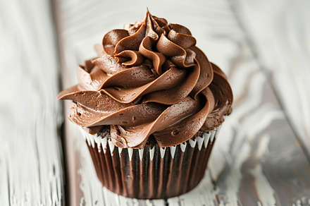 Chocolate cupcake with whipped cream on wooden table, a Food & Drink Photo by AlyaAnd
