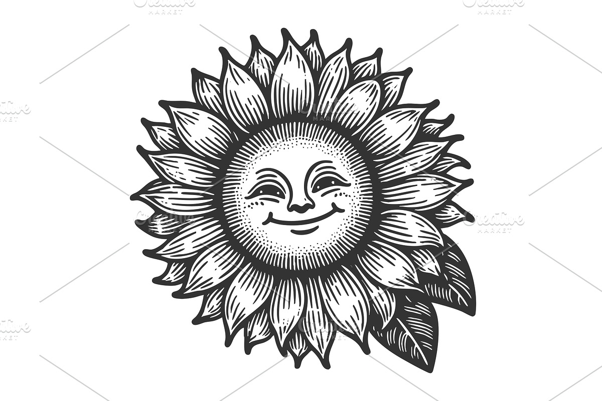Smiling Sunflower engraving vector, an Object Illustration by AlexArt