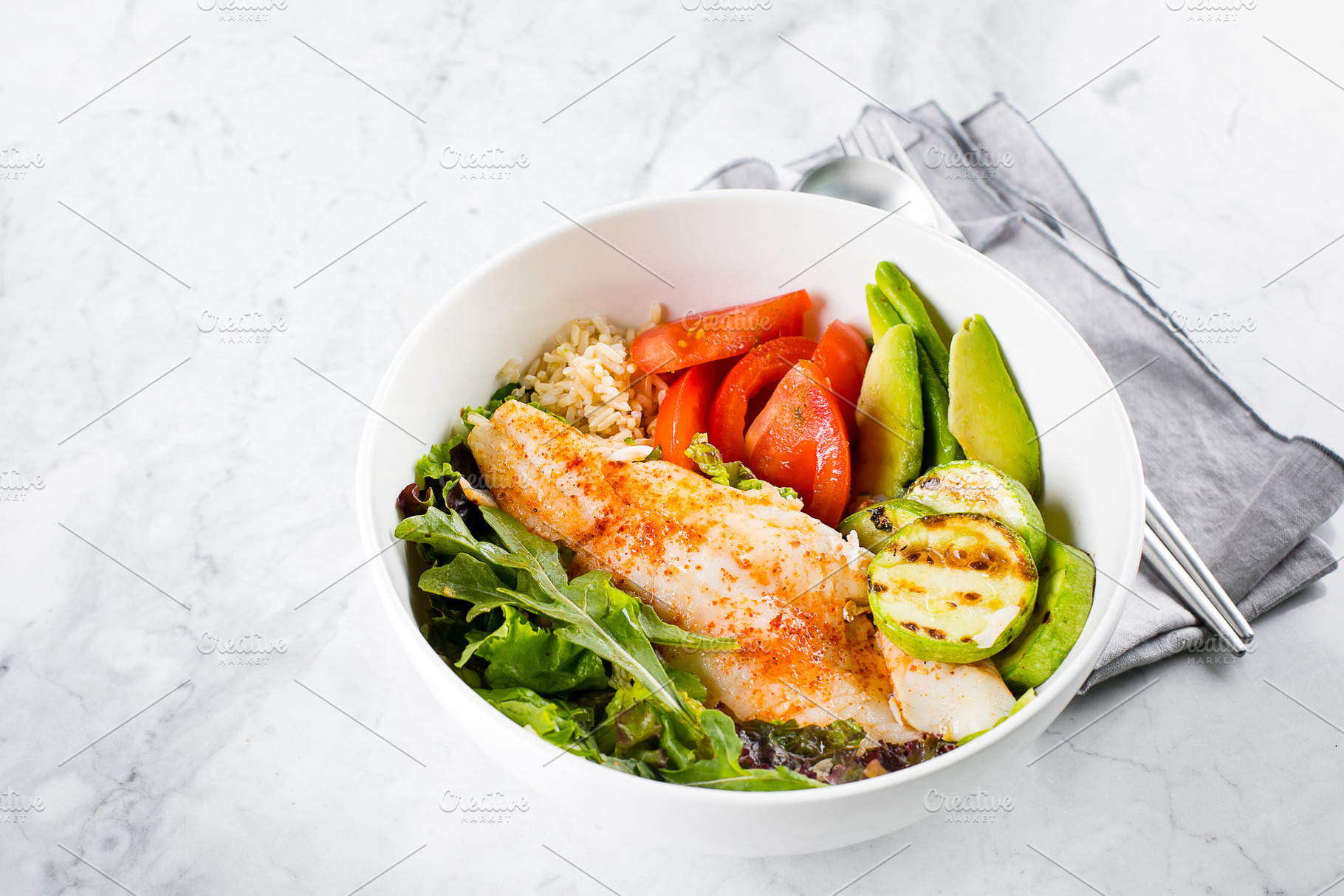 Healthy salad fish bowl with zander featuring healthy, food, and zander, a Food & Drink Photo by Anikona