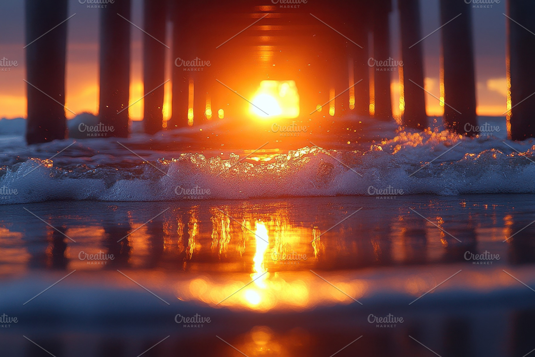Beautiful sunset view under a pier w, a Photo by Tanuart