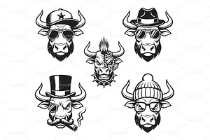 Collection of bull and steer head., an Animal Illustration by yod67