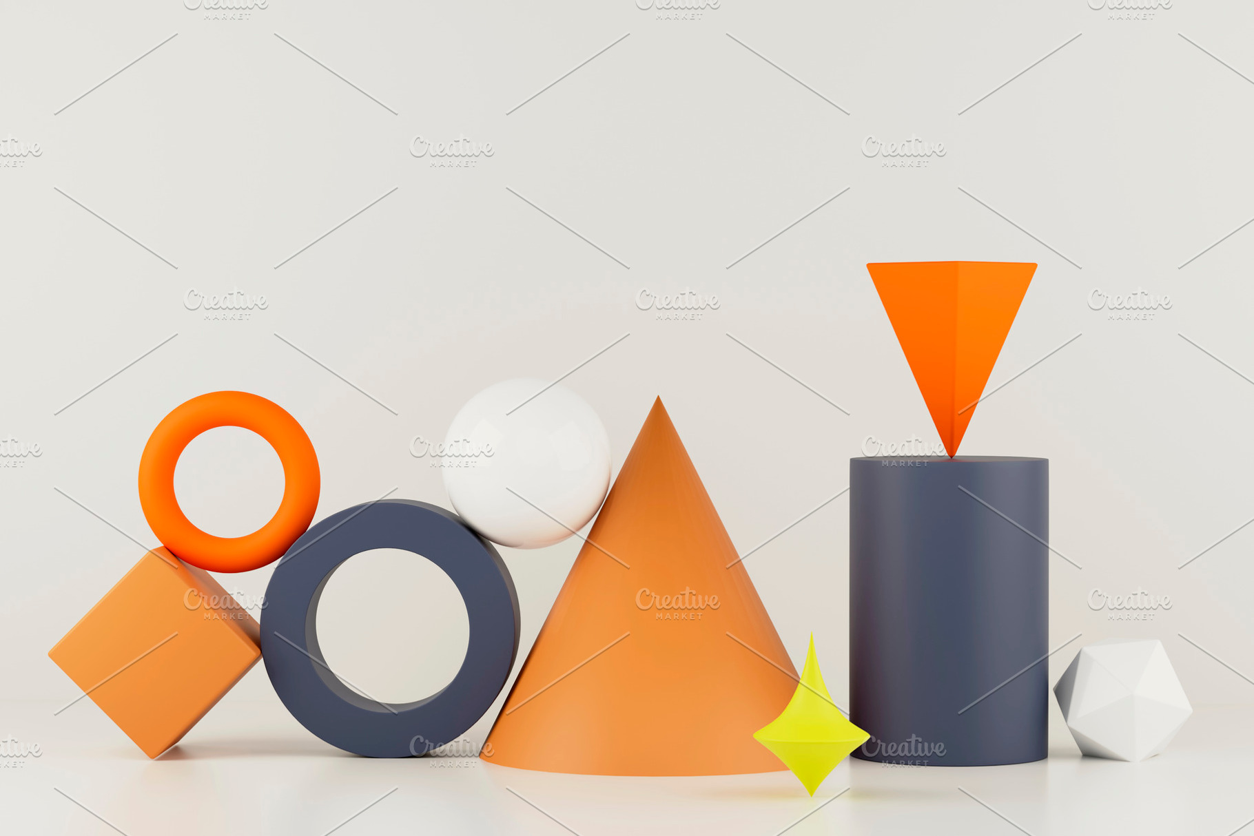 Minimal 3D shapes in studio: cones, rings, sphere, cylinder., a Background Photo by RF Images