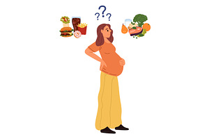 Pregnant woman chooses between, a Food Illustration by Vectorbuum