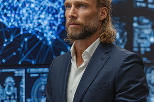 AI expert thoughtful man in suit fut, a Photo by Pixeness Studio