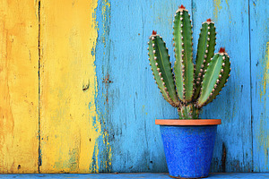 A tall cactus with green pads rises in a cement pot against a vibrant blue and, a Nature Photo by AlyaAnd