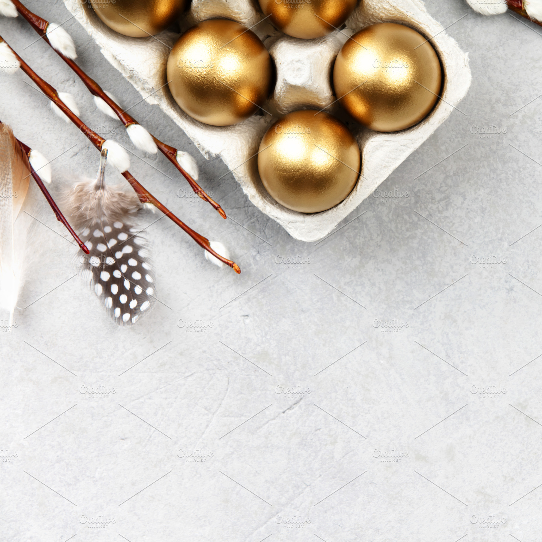 Golden Easter Eggs with Willow Branches on Light Background, a Holiday Photo by Natalia Klenova's Shop