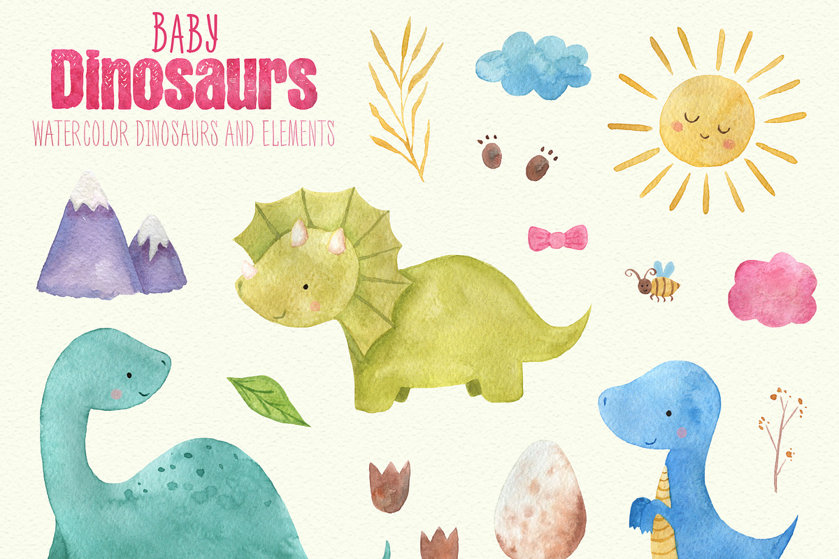 Baby Dinosaur Watercolor Clipart, a Decorative Illustration by LeMagiqueBoutique (Photo 2 of 4)
