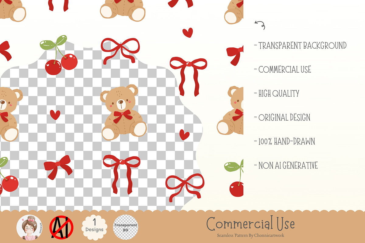 Coquette Teddy Bear With Bow, a Pattern Graphic by Chonnieartwork (Photo 2 of 5)