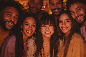 A group of friends celebrating a birthday party, smiling and posing together. T, a Person Photo by Textures & Backgrounds