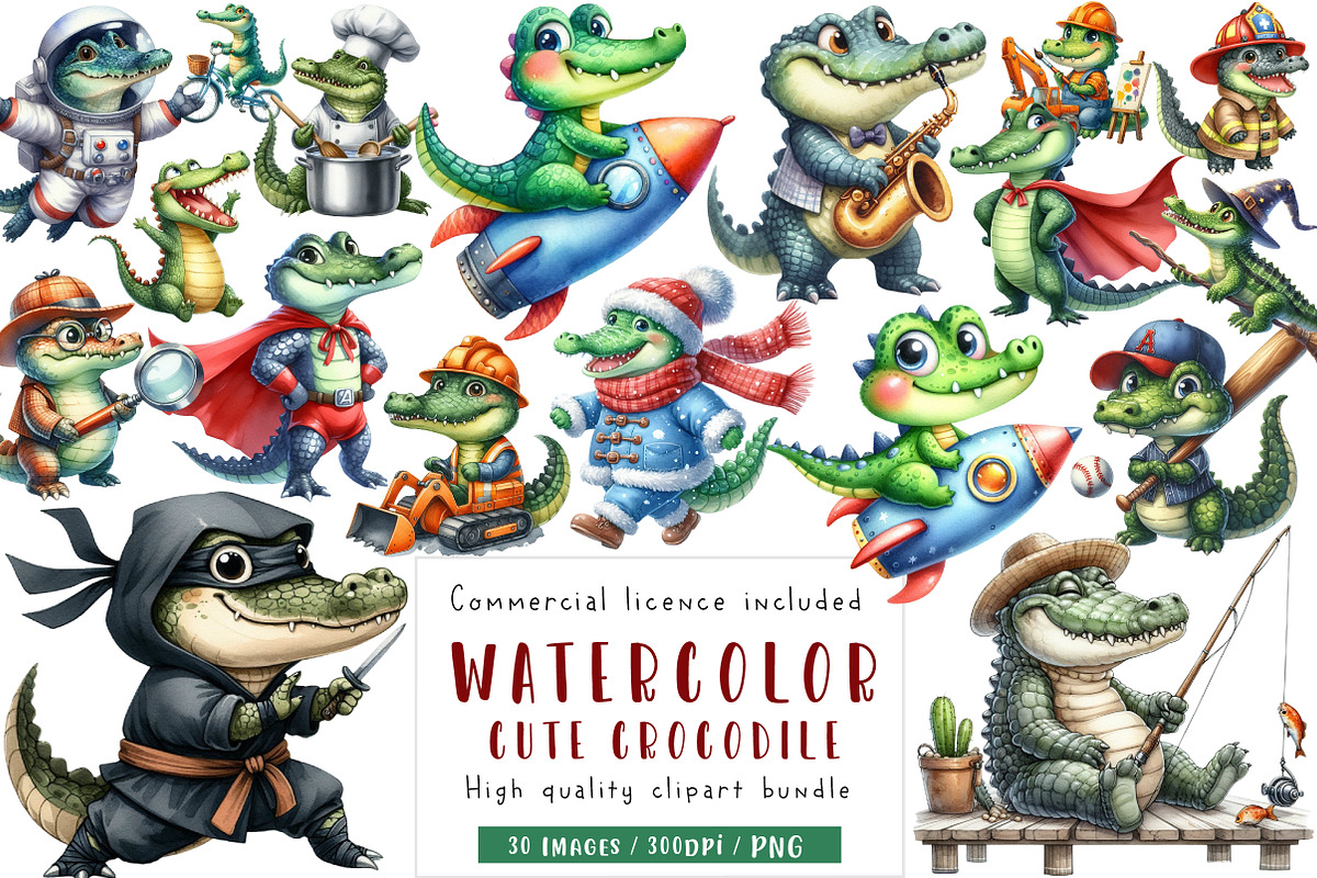 Cute Crocodile Clipart, an Illustration by CreationArt (Photo 1 of 5)