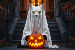 Cute cat ghost Halloween pumpkin, a Photo by LiliGraphie