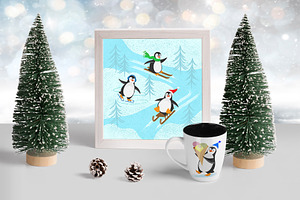 Funny Penguins On The Winter Holiday