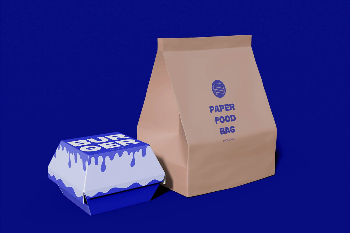 Paper Food Bag & Burger Box Mockup, a Packaging Mockup by skybluecreative (Photo 2 of 2)