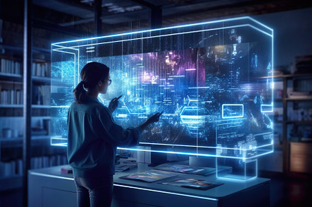 A photo of a person using a holographic display to interact with, a Technology Photo by designvectx