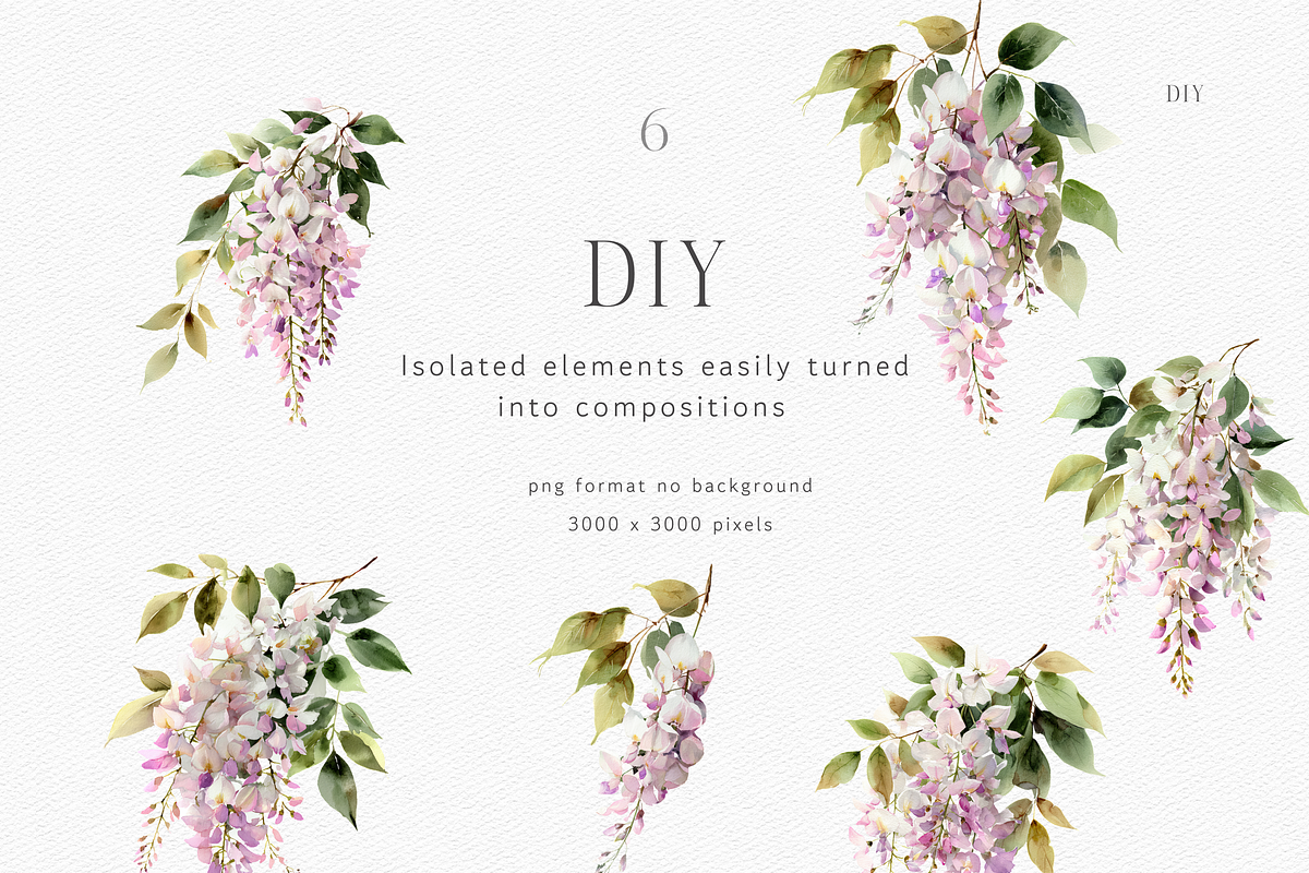 Watercolor Pink Wisteria Clipart, a Decorative Illustration by ThaismotaCreativeCo (Photo 6 of 11)