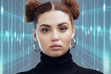 Portrait, futuristic and woman with holographic, ai and innovation for digital connection, technology or intelligence. Robotics, female or girl with science, scifi metaverse or cyberspace development, a Photo by Peopleimages.com