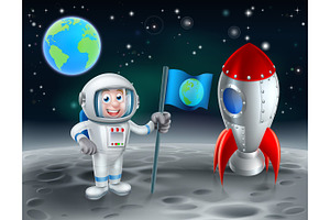 Cartoon Astronaut And Rocket On The Moon