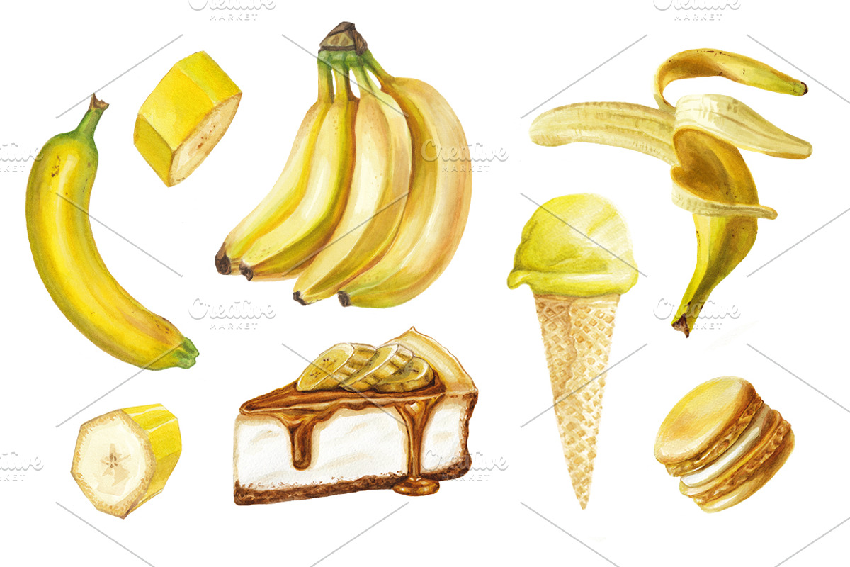Watercolor banana delicious set, a Pattern Graphic by lenavetka87 (Photo 1 of 3)