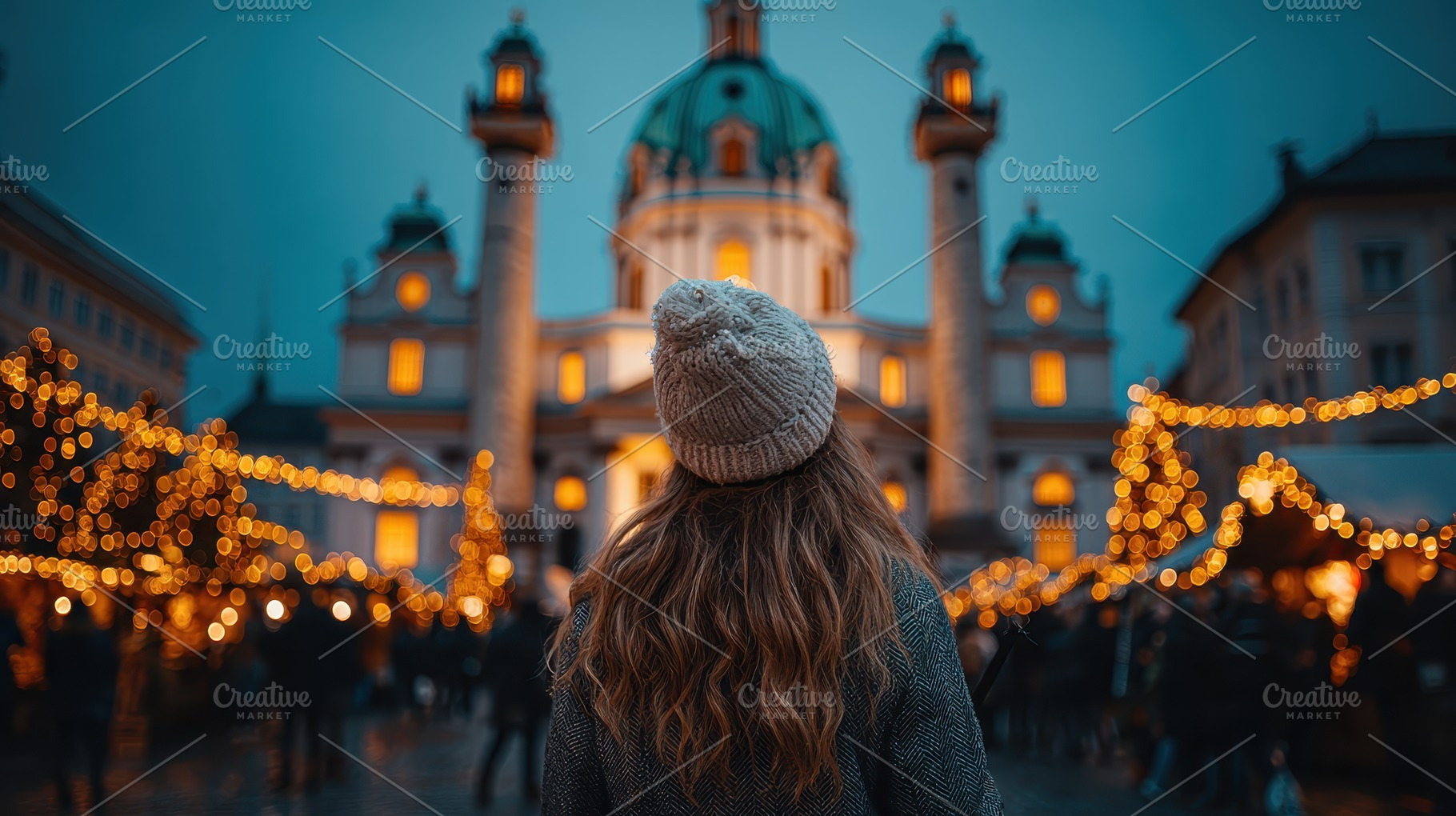 Woman admiring Christmas market at n, a Photo by Pixeness Studio