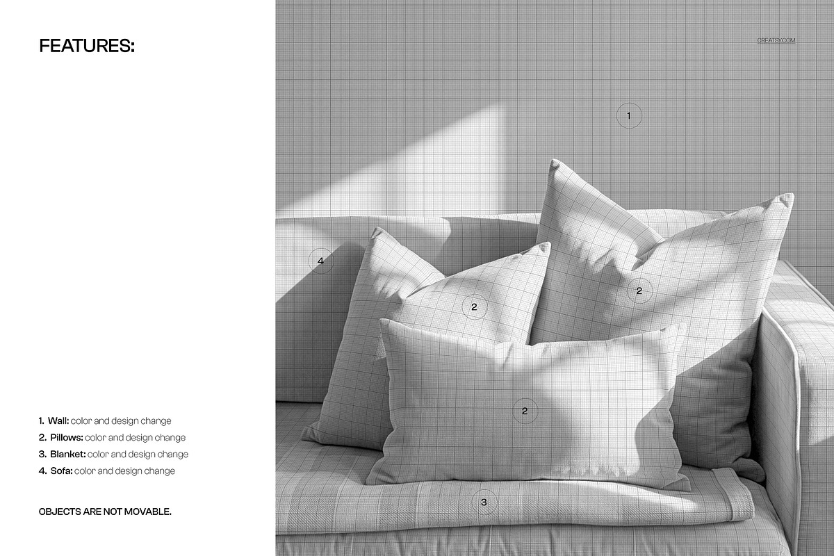 Decorative Pillows on Couch Mockup, a Household Mockup by creatsy5 (Photo 3 of 6)