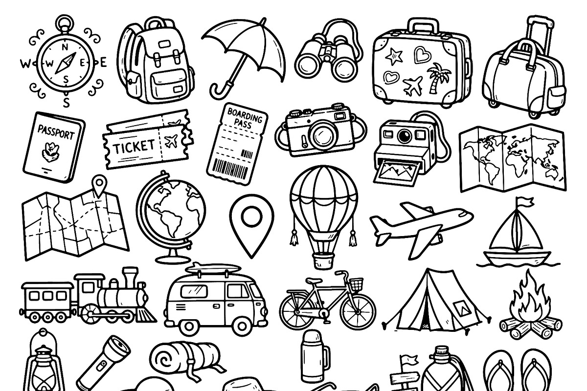 Set of travel outline doodle signs, a Transportation Illustration by Voodz_shop (Photo 3 of 3)