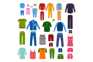 A set of pajamas, nightgowns, shirts, slippers for men, women, children, babies. Vector illustration., an Education Illustration by zasim.art